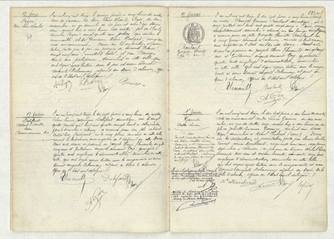 Acte de naissance de PEYRE René Louis Charles (13 février 1913),reconnaissance de DALIFARD Albert André Léon (17 février 1913),reconnaissance de BOULANT Georgette Henriette (17 février 1913),acte de naissance de GARNIER André Lucien (15 février 1913).