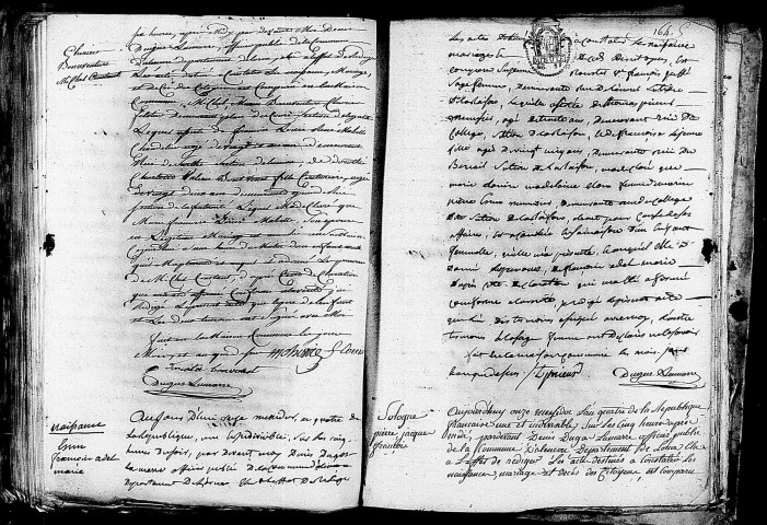 Acte de naissance de CHESNIER Bonaventure Michel Constant (27 juin 1796),acte de naissance de ESNU Françoise Adèle Marie (29 juin 1796),acte de naissance de SOLOGNE Pierre Jacques François (29 juin 1796).