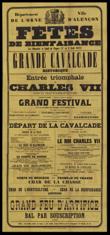 Fêtes de Bienfaisance (Dimanche et lundi de Pâques 1er et 2 avril 1877) : affiche programme typographique jaune (84.5x180).