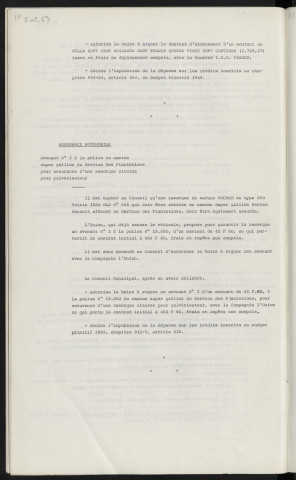 Contrat d'entretien pour les machines à écrire I.B.M. Assurance automobile, avenant n°1 à la police du camion Super Gallion du service des plantations pour assurance d'une remorque citerne pour pulvérisateur.