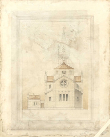 Église Saint Pierre de Montsort, façade postérieure, plan, Ewald Bréasson (éch: 1/100, 58 x 72 cm, 01/12/1875).