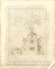 Église Saint Pierre de Montsort, façade postérieure, plan, Ewald Bréasson (éch: 1/100, 58 x 72 cm, 01/12/1875).
