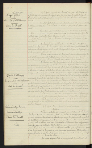 Legs GILBERT Auguste Alfred, Mme GILBERT née POIRIER Gabrielle Marie décédée, annulation de délibération, avis du conseil. Hospice d'Alençon, Emprunt de 1000,000 francs, avis du conseil. Dénomination des Rues, nom du président WILSON en gratitude dans une Rue de la gare, communication, avis du conseil