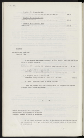 Finances, admissions en non-valeur. Finances, autorisations spéciales, exercice 1969. Plan de modernisation et d'équipement, plan directeur du groupement d'urbanisme d'Alençon, demande de levée de servitude.