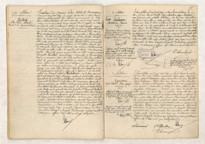 Acte de Reconnaissance de PERILLAT Félix René Albert (02 octobre 1916), Acte de naissance de RATEAU LION Madeleine Marie (02 octobre 1916), Acte de naissance de COUSQUER Jean Baptiste Marie Joseph (03 octobre 1916).