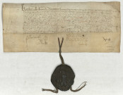 Lettres patentes du roi Charles VII anoblissant Jean du Mesnil (échevin de la ville d'Alençon) et sa descendance (avril 1449), contresignées du secrétaire d'État Etienne Chevalier : parchemin, grand sceau en cire verte sur lacs de soie verte et rouge.
