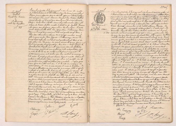 Acte de mariage de GALLET Fernand Léon Frédéric et DELAUNAY Adèle Léa Argentine (11 avril 1910),Acte de mariage de LEMERCIÉ Désiré Raymond et AUBERT Henriette Elisa Victorine (11 avril 1910).