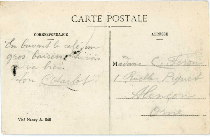 Cartes postales envoyées de Charles Féron à son épouse Juliette (collection particulière Huguette Messager, 2018, AMA).
