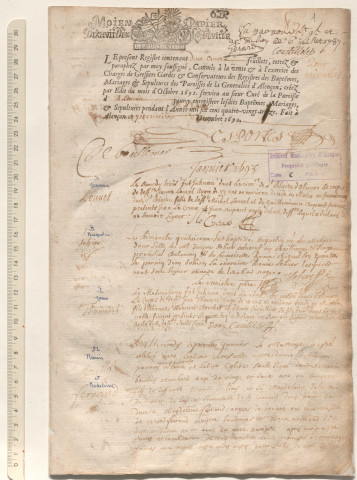 Paroisse Notre-Dame, registre des baptêmes, mariages et inhumations (3 janvier 1693-23 janvier 1694).