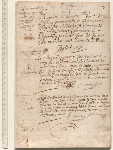 Paroisse Notre-Dame, registre des inhumations (1 juillet 1671 - 29 décembre 1673).