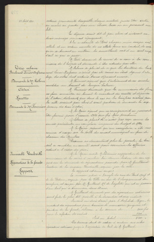 Construction de la maternité de l'hospice, création de cloison demande de Mr VADE. Voirie urbaine, remise en état des trottoirs du boulevard Lenoir-Dufresne, demande de Mr LEBOUC. Octroi, montant des recettes et dépenses, demande de Mr FOURNIER. Immeuble Vandeville, réparation de la façade, angle rue du Pont Neuf et de la Poterne, rapport