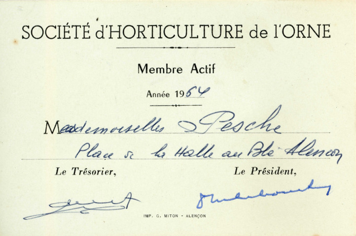 Carte de membre actif à la société d'horticulture de l'Orne (SHO) (1962-1964).