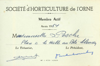 Carte de membre actif à la société d'horticulture de l'Orne (SHO) (1962-1964).