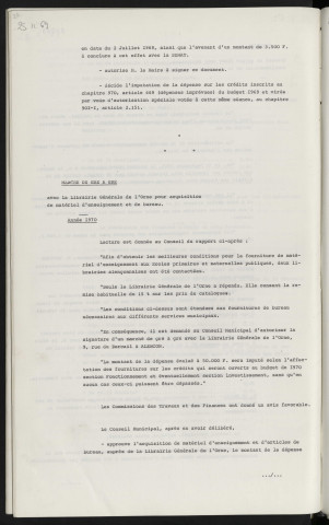 Matériel, avenant au marché SEMAT pour équipement complémentaire de la balayeuse aspiratrice. Marché de gré à gré avec la librairie générale de l'Orne pour acquisition de matériel d'enseignement et de bureau, année 1970.