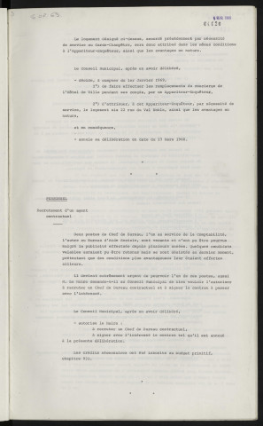 Personnel, agents logés, logement à titre gratuit par nécessité de service à un appariteur, enquêteur. Personnel, recrutement d'un agent contractuel.