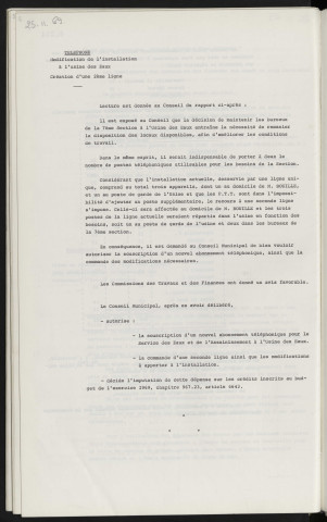 Téléphone, modification de l'installation à l'usine des eaux, création d'une 2ème ligne.