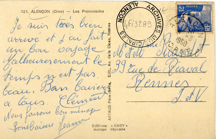 Alençon (Orne), les Promenades, carte postale ancienne noir et blanc n°121, éditeurs Artaud père et fils, éditions Gaby, (Date d'utilisation : 02 août 1950), (14x9), AMA.