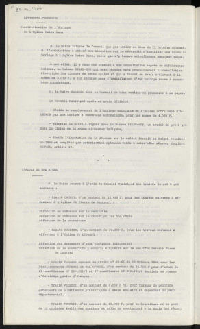 Électrification de l'horloge de l'Eglise Notre Dame. Traités de gré à gré, LAUNAY travaux pour l'église st Pierre de Monsort, ROUSIER travaux pour l'église st Léonard, établissement DURENNE et Val d'Osne, VOISINE travaux à usage scolaire et dépendant du Parc Départemental, TOUTAIN travaux pour la salle des fêtes.