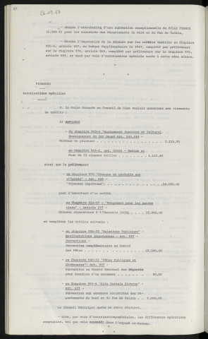 Finances, aide aux communes sinistrées des départements du Nord et du Pas de Calais. Finances, autorisations spéciales.