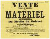 Vente publique et définitive du matériel d'exploitation du Moulin du Guichet situé à Alençon, Grande Rue, le jeudi 20 août 1863 à midi précis : affiche typographique, imprimerie Marguerite Dupré 8 rue du collège, fond coloré jaune.