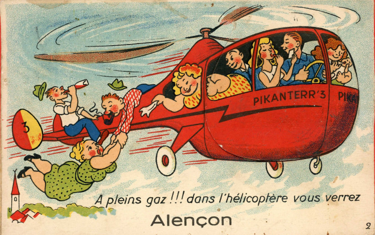 Alençon (Orne), "A pleins gaz !!! Dans l'hélicoptère vous verrez Alençon", carte postale humoristique à système n°2, Artaud père et fils, éditeur, Nantes, éditions Gaby, sd, (14x9), AMA.