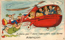 Alençon (Orne), "A pleins gaz !!! Dans l'hélicoptère vous verrez Alençon", carte postale humoristique à système n°2, Artaud père et fils, éditeur, Nantes, éditions Gaby, sd, (14x9), AMA.