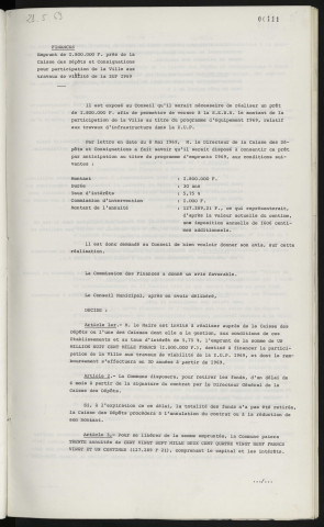 Piscine municipale, augmentation du tarif des leçons de natation. Finances, emprunt de 1.800.000F auprès de la caisse des dépôts et consignations pour participation de la ville aux travaux de viabilité de la Z.U.P. 1969.