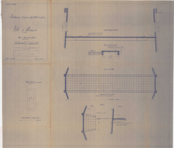 Construction d'un château d'eau de 700m3, détail passerelle et palier, meurtrière : coupes, vues en plan (Larbanet, éch : 1/200, plan n°12, 11 juillet 1936).