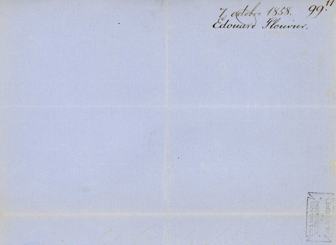 Lettre autographe signée de l'écrivain Edouard Plouvier à l'acteur Adolphe Laferrière (1858).