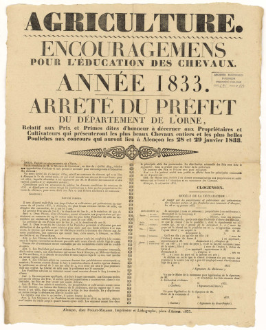 Concours de chevaux, distribution de prix et primes d'encouragement pour les plus beaux chevaux (28-29 janvier 1833) : affiche arrêté préfectoral.