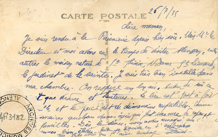 Souvenir d'Alençon, carte postale humoristique à système n°77, G. Artaud, Nantes, (Date d'utilisation : 26 juillet 1935), (14x9), AMA.