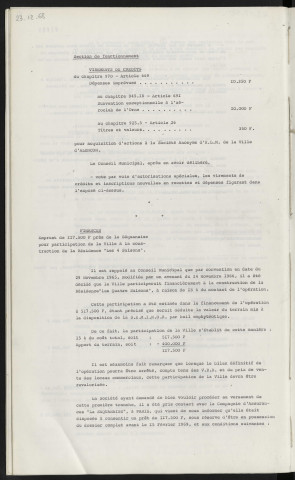 Finances communales, autorisations spéciales, année 1968. Finances, emprunt de 117 500 F auprès de la Séquanaise pour participation de la ville à la construction de la résidence Les Quatre Saisons.