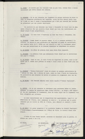 Logement du groupe scolaire du Point du Jour réception reporter. Demande amiable avec " Avenir Publicité ", d'alignement avec les immeubles. Permis de construire pour la résidence des personnes âgées et jeunes ménages, petit immeuble remonté à Jules Ferry. avant-projet d'agrandissement de l'Hôtel de Ville.