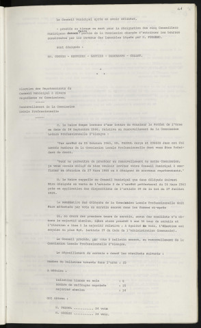 Legs Mr PIGEARD ancien directeur de l'école de Courteille, rue Marchand Saillant. Élection des représentants du Conseil Municipal à divers organismes ou commissions, Mr PRIOUL Serge et Mr COUSIN Jean, renouvellement de la commission locale professionnelle.