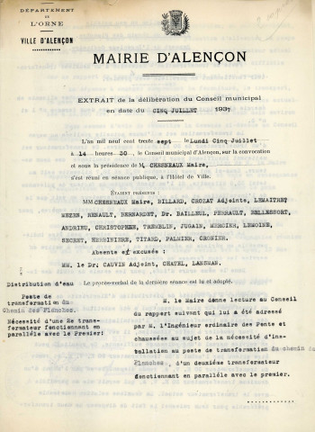 Adduction complémentaire d'eau potable pour la ville d'Alençon, ajout d'un second poste de transformation pour la station de pompage et le poste de transformation, chemin des Planches (juillet - août 1937) : rapport, délibération, correspondance.