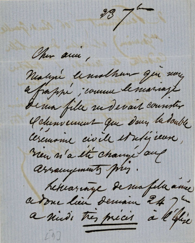 Lettre autographe signée de l'écrivain Charles de la Rounat à l'acteur Adolphe Laferrière (23 septembre 1861).