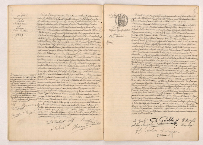 Acte de mariage de DUBOIS Constant Désiré et THUREAU Désirée Léontine (21 Novembre 1907), GUIBLAIS Auguste François Almire et GUIBÉ Maria Ernestine (25 Novembre 1907).