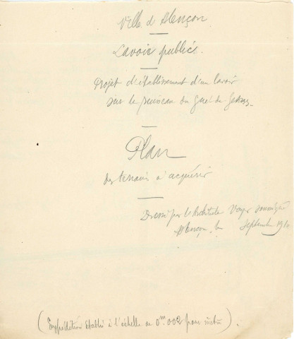 Etablissement d'un lavoir public sur le ruisseau du Gué-de-Gesne, rue du Mans, près du nouveau pont construit à proximité de la ligne de tramways, acquisition de deux parcelles de prés (I116p, I117p et I118p) appartenant à M. Fleury (1910 - 1911) : état estimatif, correspondance, délibérations, souscriptions, notes, plan