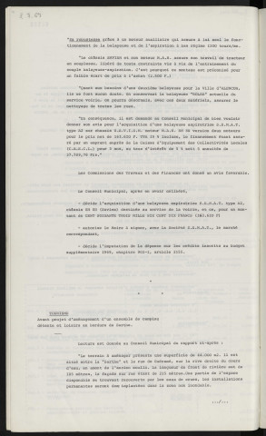 Matériel, acquisition d'une balayeuse aspiratrice, S.E.M.A.T. Tourisme, avant-projet d'aménagement d'un ensemble de camping détente et loisirs en bordure de Sarthe.