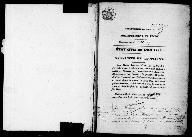 Registre des actes de naissance et adoption (1849).