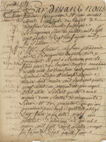 Quittance d'une rente de 25 Livres sur un capital de 113 Livres due par le Sieur Frédéric Allix envers son beau frère le Sieur Desroches (5 juillet 1789).