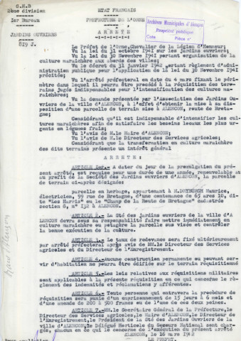 Création et aménagement de nouveaux jardins ouvriers pour exploitation agricole des parcelles durant la Seconde Guerre mondiale (1940-1949) : état parcellaire des terres incultes, arrêtés, correspondance, décrets ; alimentation en eau (1942) : correspondance, rapport