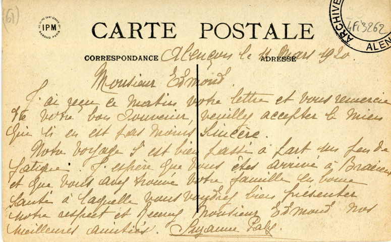 Alençon (Orne), Point d'Alençon, modèle Huignard, carte postale ancienne noir et blanc n°18, édition Jeanne, (Date d'utilisation : 11 mars 1920), (14x9).