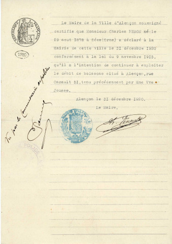 Débit de boisson, exploitation au 51 rue Cazault par FERON Charles : certificat (31 décembre 1920).