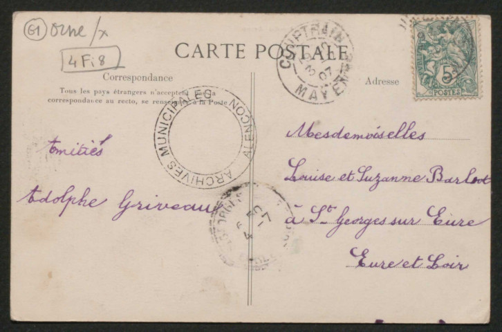 Alençon (Orne), une pensée d'Alençon, avec vues de l'église Notre-Dame, du tribunal de commerce, de la préfecture, du chalet des Promenades, de la tour couronnée, carte postale ancienne multivues noir et blanc, Peslier-Greslebin édition , Alençon, E.L.D. (Date d'utilisation : 03 juillet 1907), (14cmx9cm).