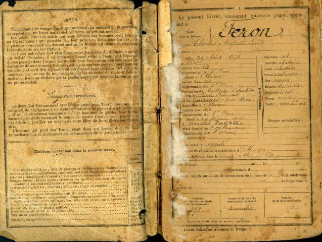 Livret militaire de FÉRON Charles Auguste Louis (classe 1898)