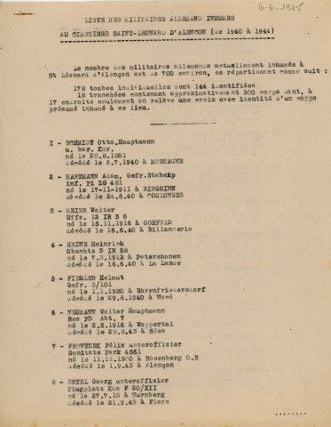 Cimetière de Saint-Léonard, tombes des soldats Allemands, plan calque (15 avril 1947).
