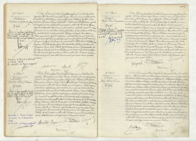 Acte de naissance de BELLAVOINE Madeleine Alphonsine Jeanne (9 avril 1903),MALLET Geneviève Marie Clémence (9 avril 1903),GICQUEL Pascal Pierre Emmanuel (10 avril 1903),OLIVIER Jeanne Marie Louise (10 avril 1903).