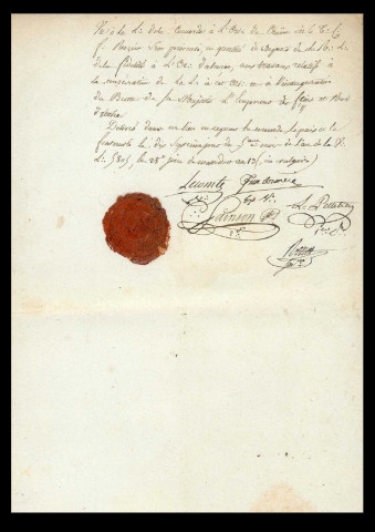 Franc-maçonnerie, intégration (8 avril 1805) : certificat manuscrit attestant qu' Etienne Rosier, Capitaine commandant la gendarmerie dans le département de l'Orne, domicilié à Alençon, a été reçu Apprenti, Compagnon et Maître franc-maçon.