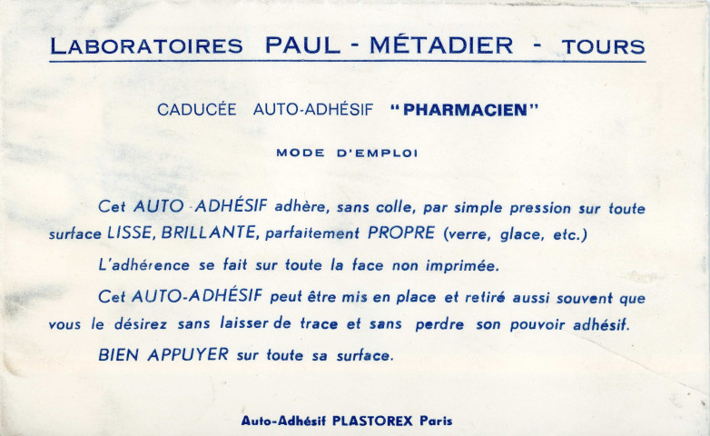 Caducée auto-adhésif "pharmacien" (Laboratoires Paul Métadier) (1950-1980).